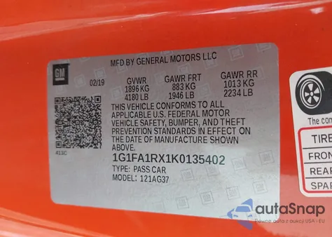 2019 Chevrolet Camaro 1Lt из США, поврежденный, VIN 1G1FA1RX1K0135402